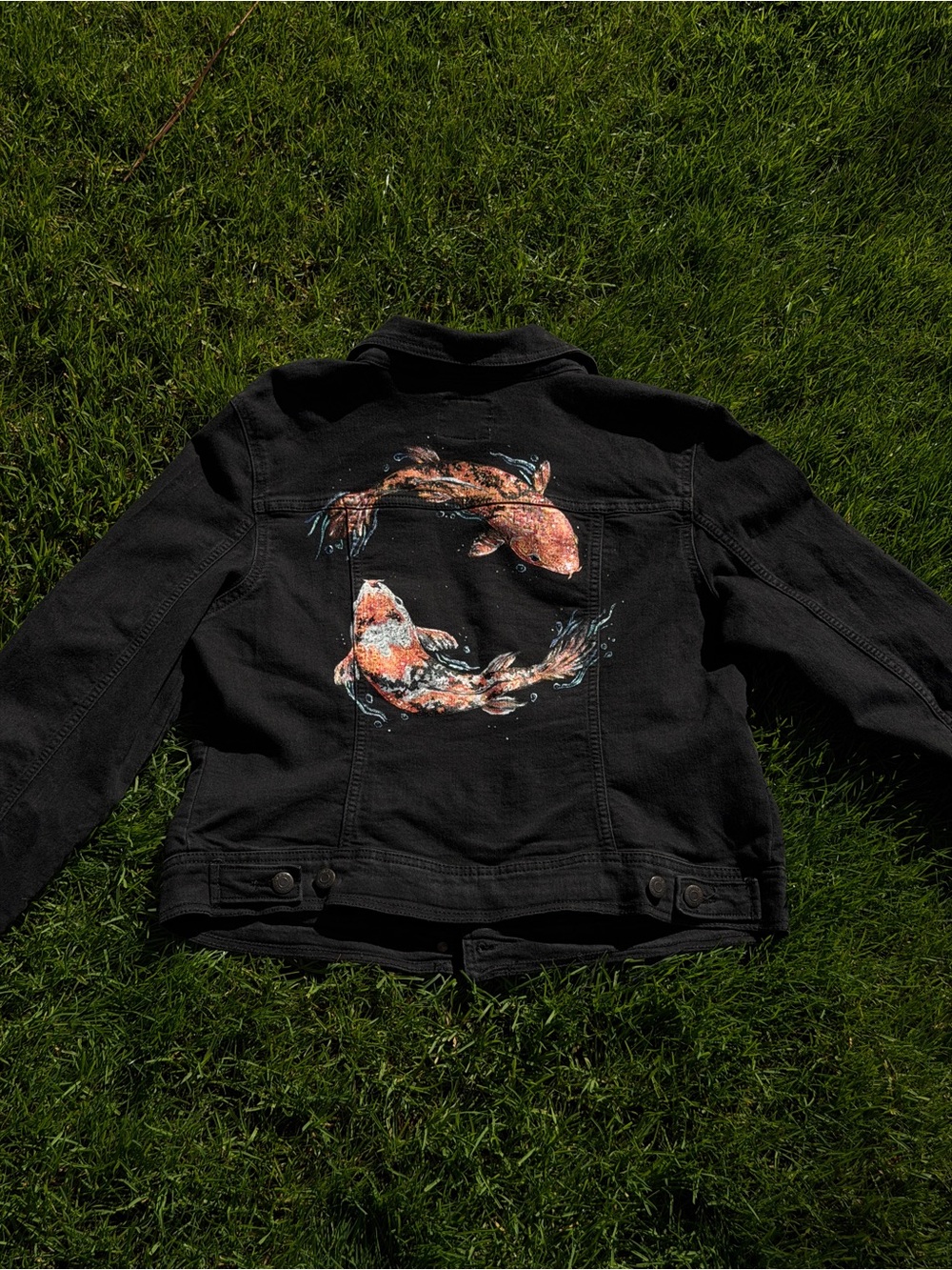 Black Women's Denim Jacket with Hand-Painted Koi Fish Art